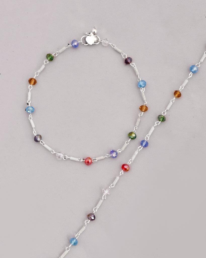 VOJ Set of 2 Silver Plated Multicolor Beads Anklets | Grocsy