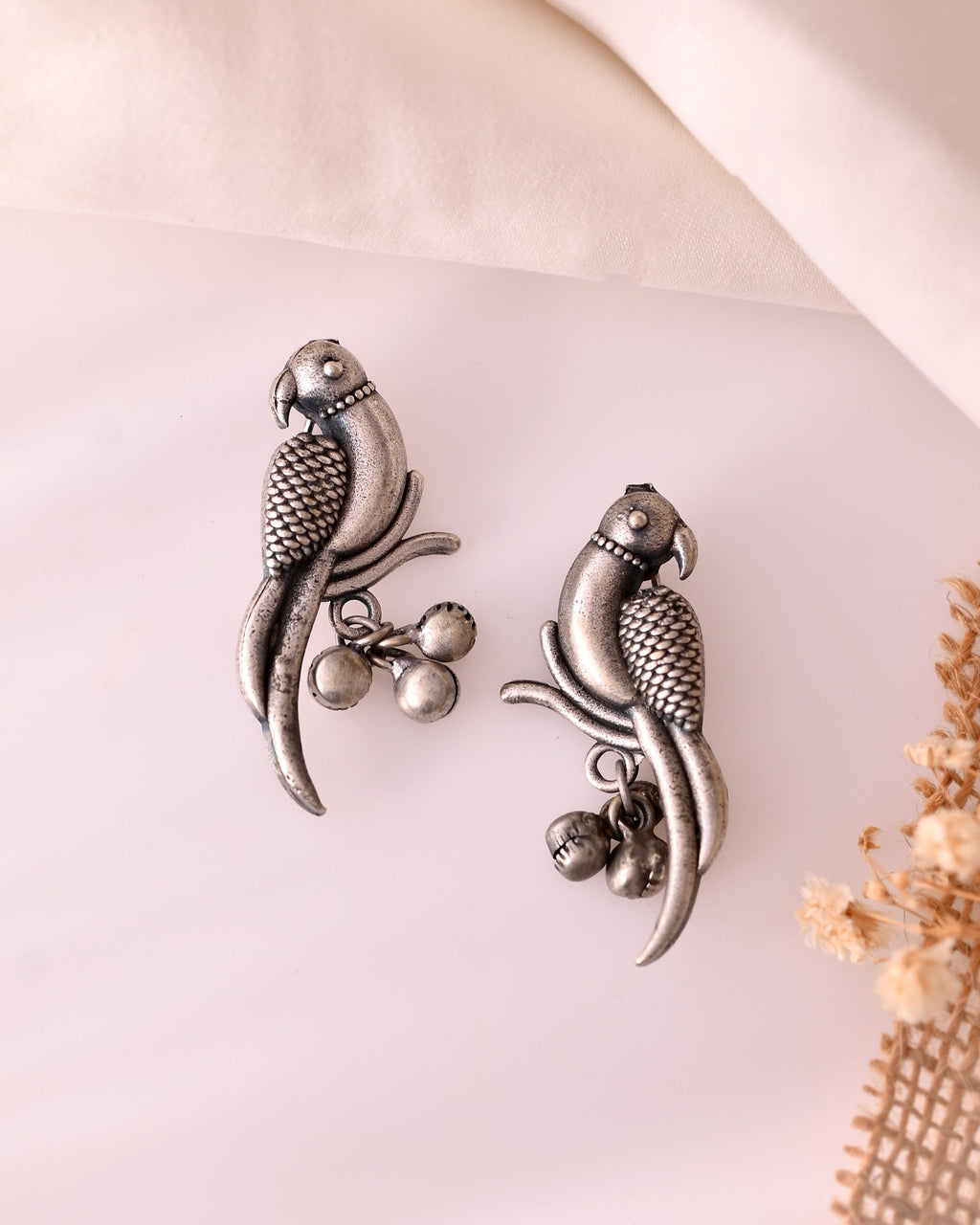 VOJ Silver Plated Oxidized Parrot Shaped Studs Earrings | Grocsy
