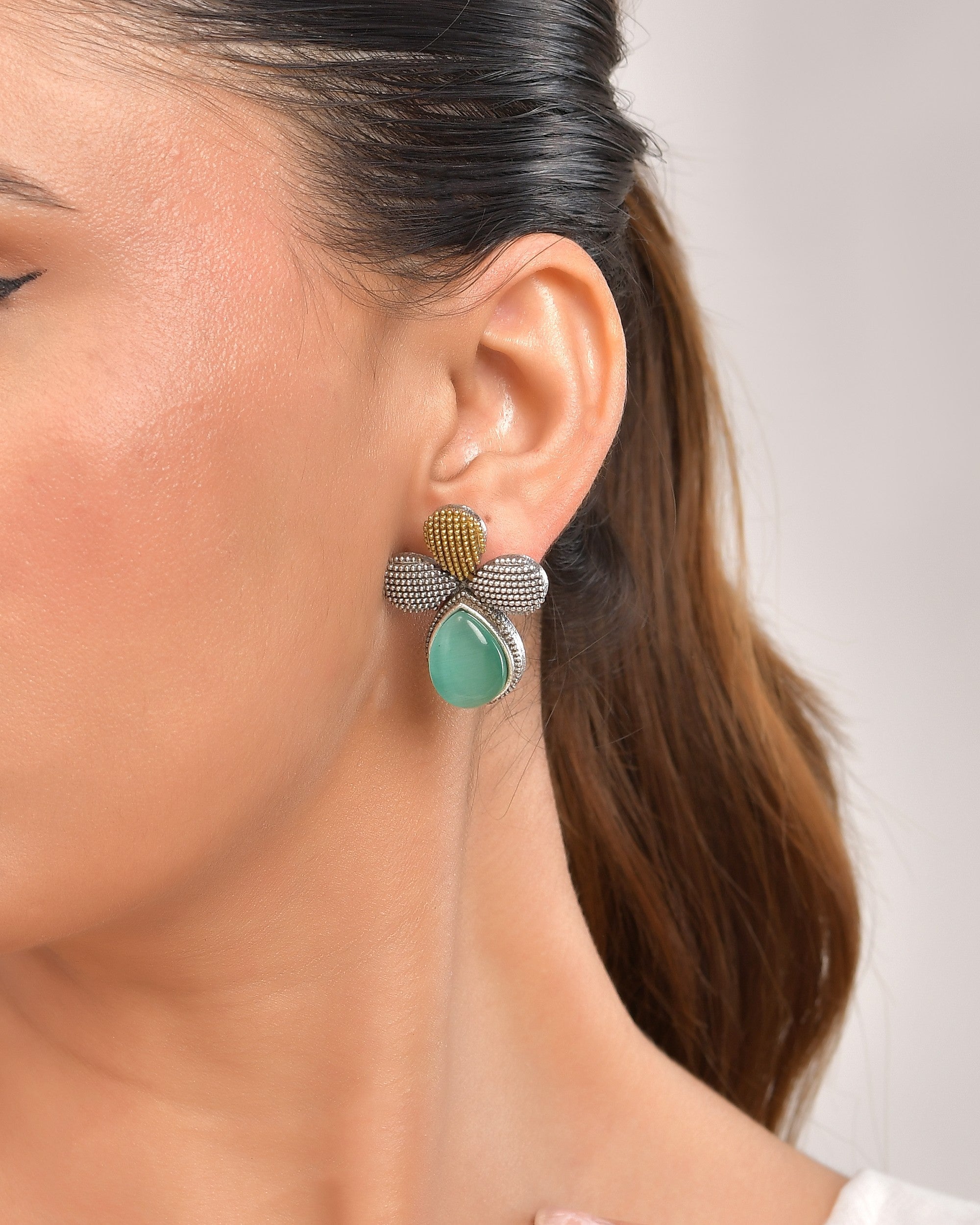 VOJ Silver Toned Teal Stone Studded Elegant Earrings | Grocsy