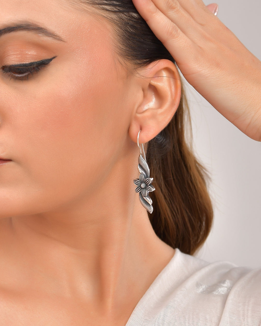 VOJ Silver Plated Floral Shaped Drop Earrings | Grocsy