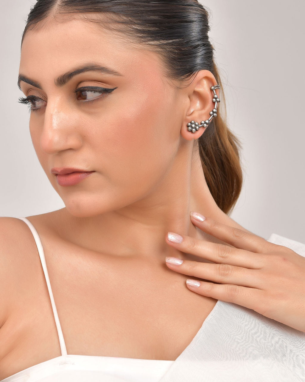VOJ Silver Toned Floral Designer Ear Cuff | Grocsy