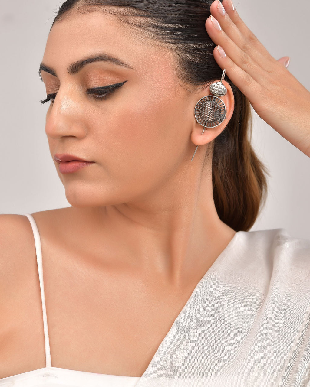 VOJ Silver Plated Circular Shaped Ear Cuff | Grocsy