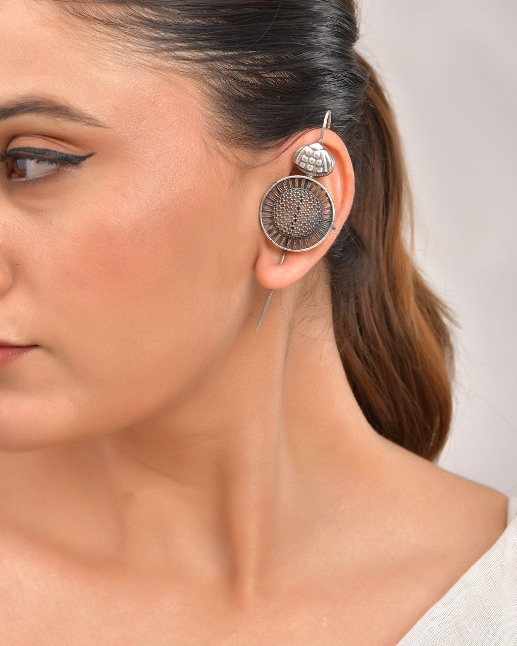 VOJ Silver Plated Circular Shaped Ear Cuff | Grocsy