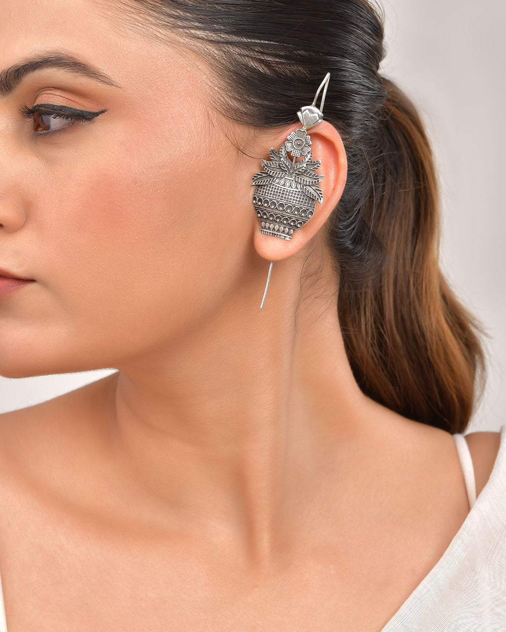 VOJ Silver Toned Designer Floral Shaped Ear Cuff | Grocsy