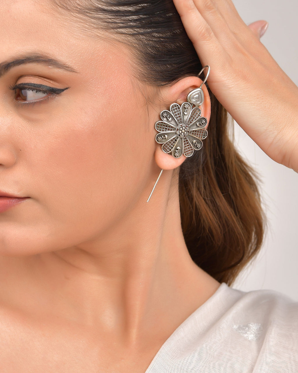 VOJ Silver Plated Flower Shaped Elegant Ear Cuff | Grocsy