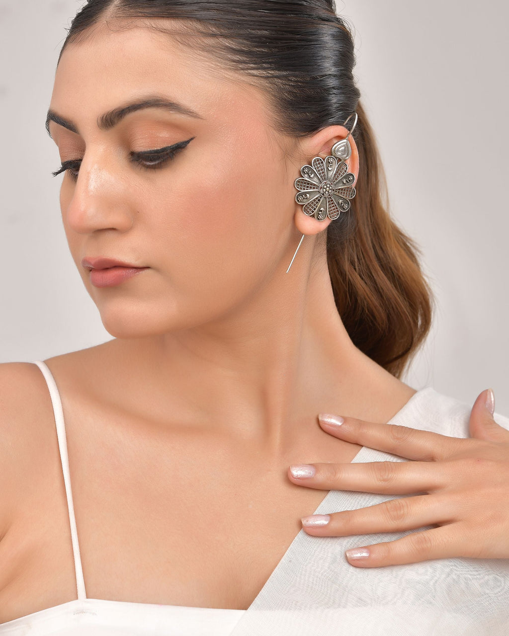 VOJ Silver Plated Flower Shaped Elegant Ear Cuff | Grocsy