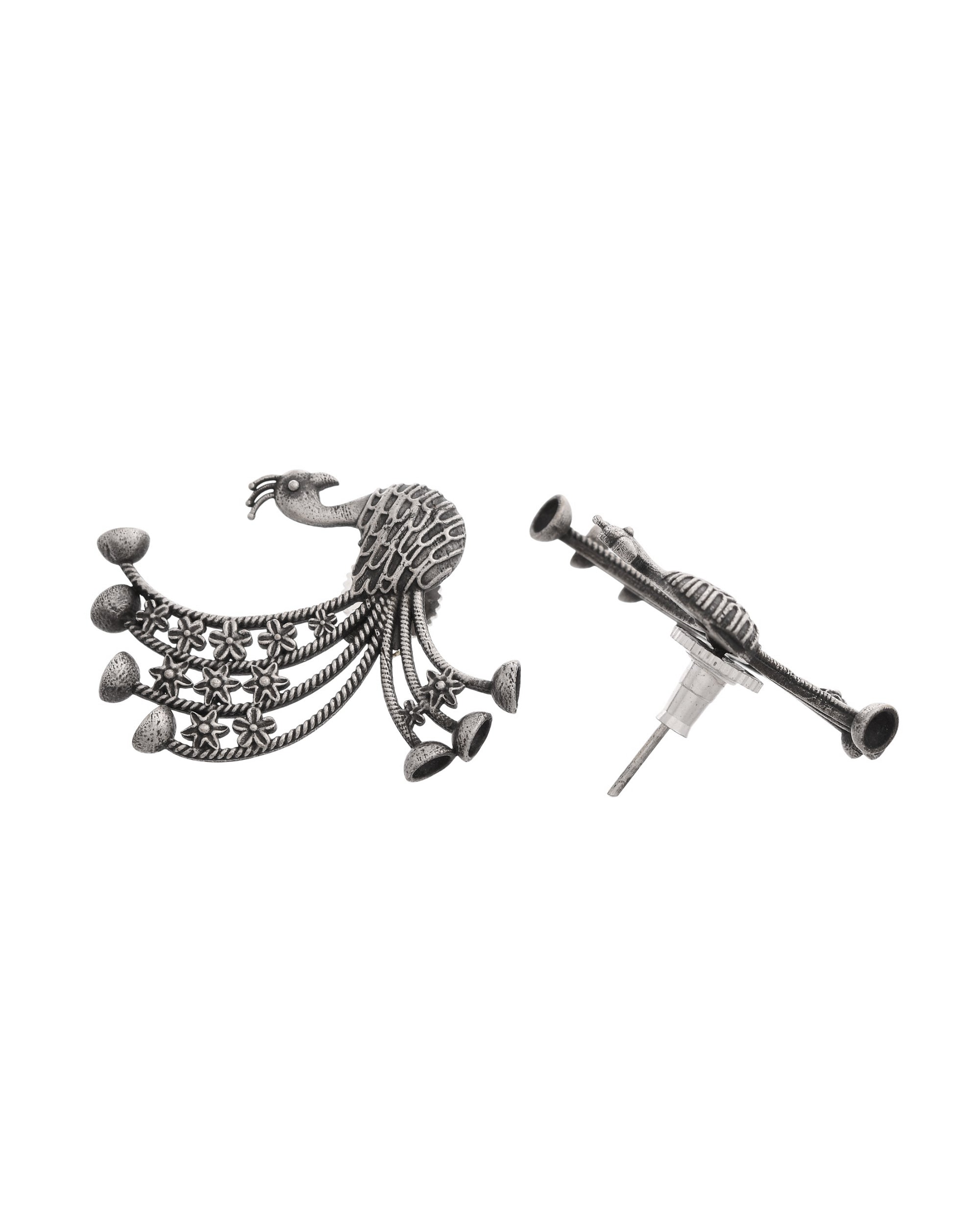 VOJ Silver Plated Dancing Peacock Shaped Studs Earrings | Grocsy