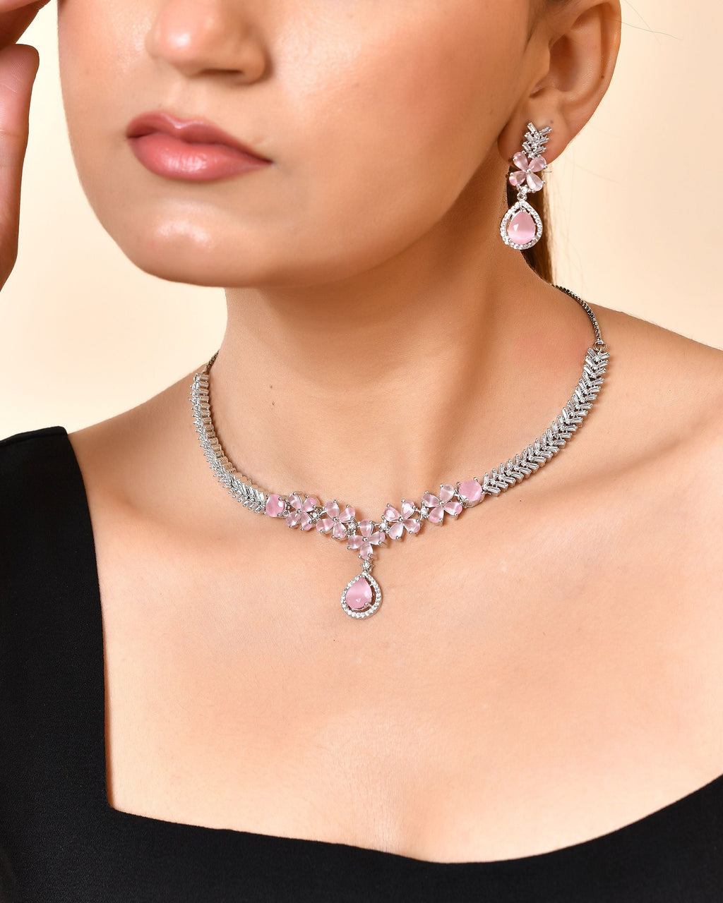 VOJ Silver Plated Baby Pink Floral Ad Jewellery Set | Grocsy