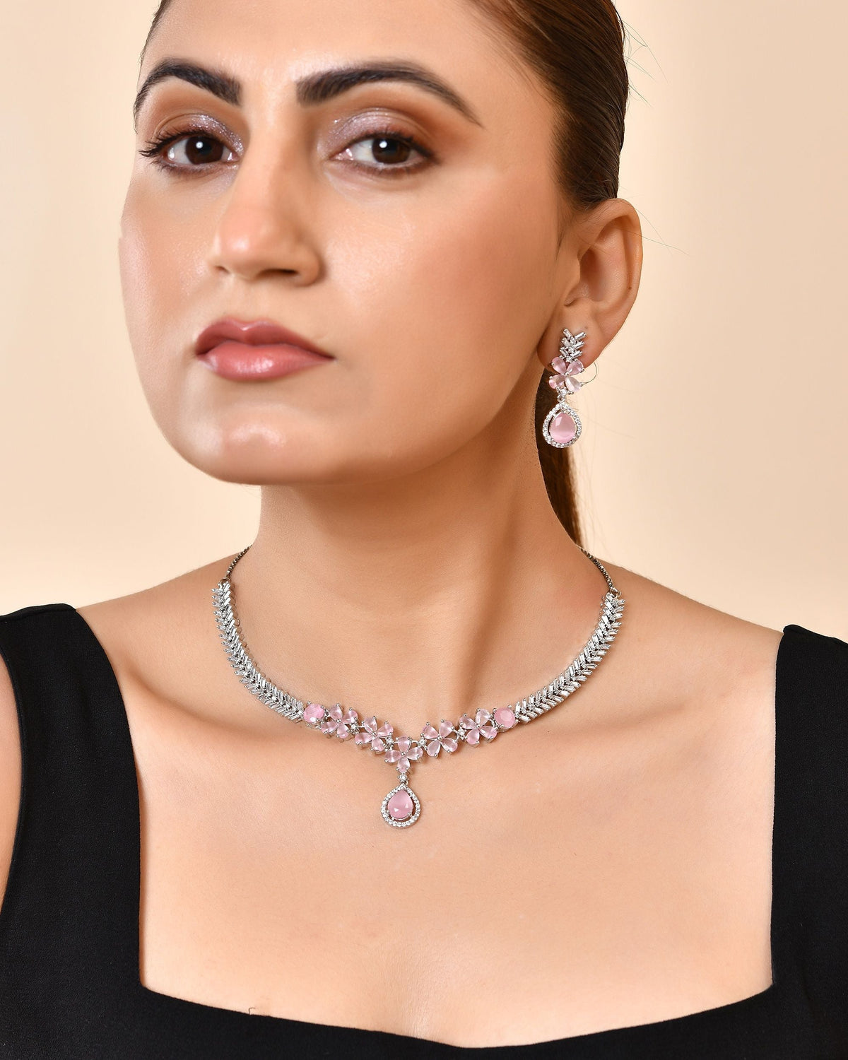 VOJ Silver Plated Baby Pink Floral Ad Jewellery Set | Grocsy