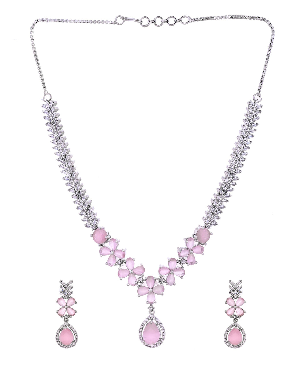 VOJ Silver Plated Baby Pink Floral Ad Jewellery Set | Grocsy
