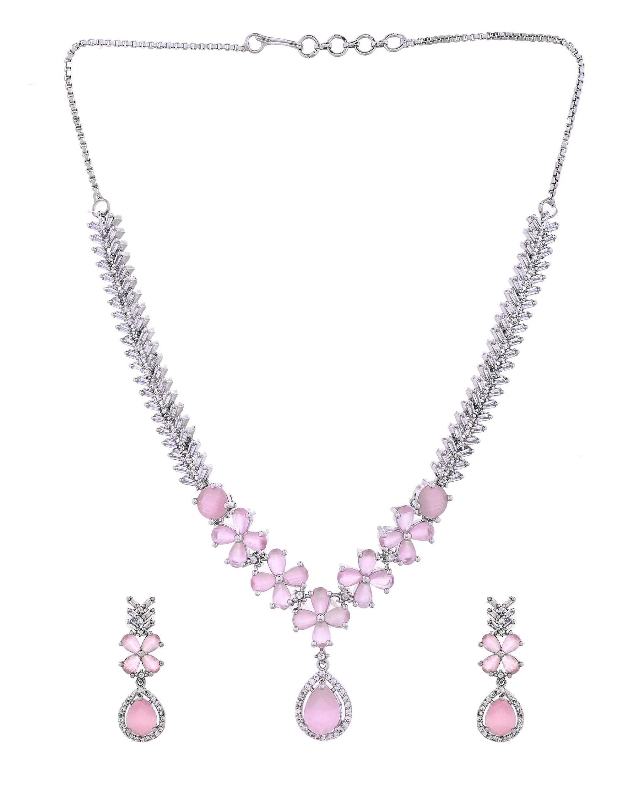 VOJ Silver Plated Baby Pink Floral Ad Jewellery Set | Grocsy