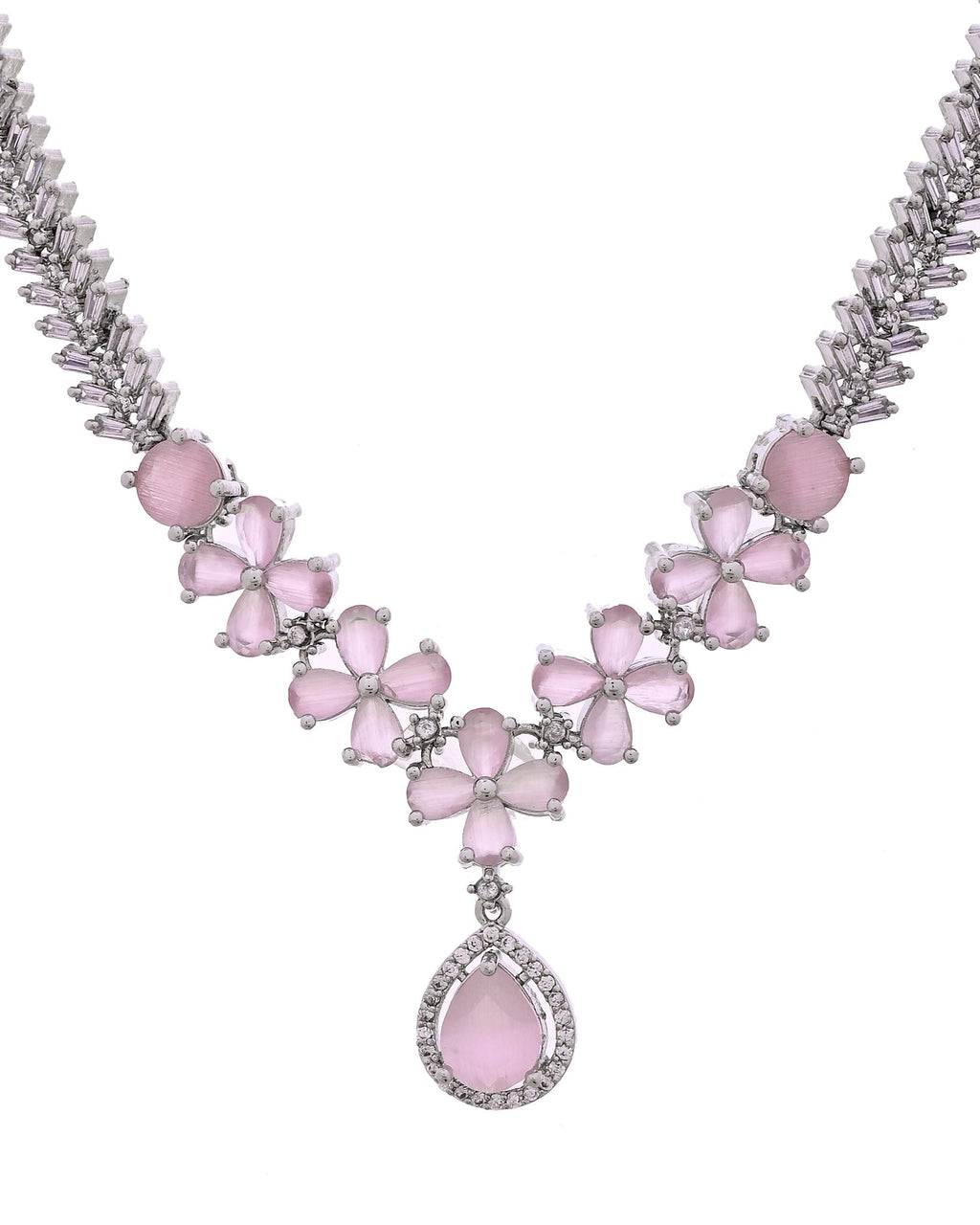 VOJ Silver Plated Baby Pink Floral Ad Jewellery Set | Grocsy