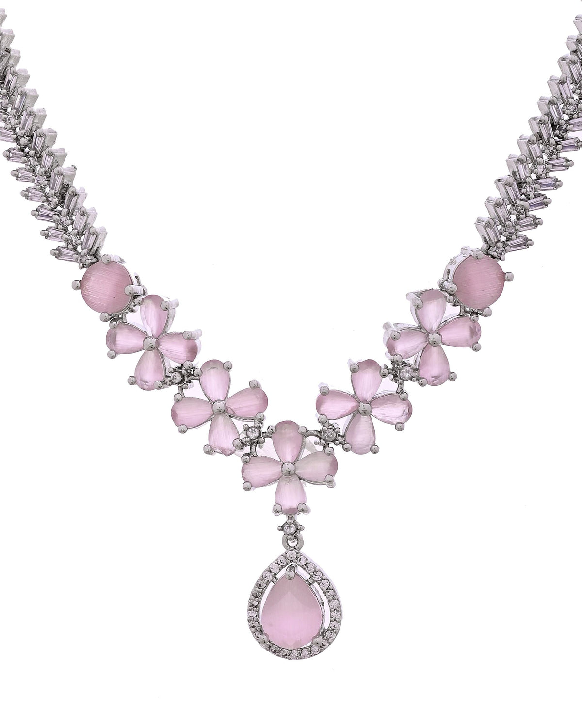 VOJ Silver Plated Baby Pink Floral Ad Jewellery Set | Grocsy