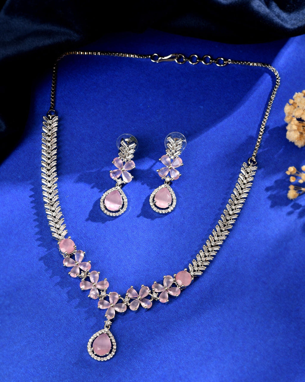 VOJ Silver Plated Baby Pink Floral Ad Jewellery Set | Grocsy