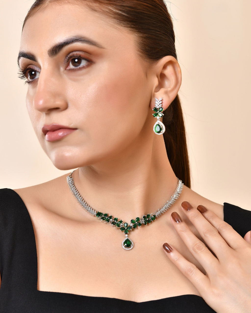 VOJ Silver Plated Green Floral Ad Jewellery Set | Grocsy
