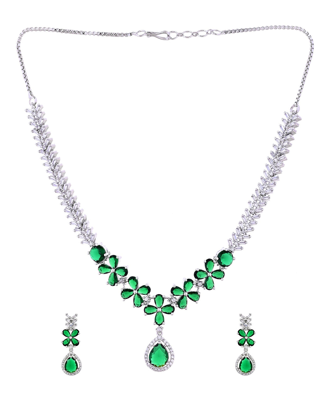VOJ Silver Plated Green Floral Ad Jewellery Set | Grocsy