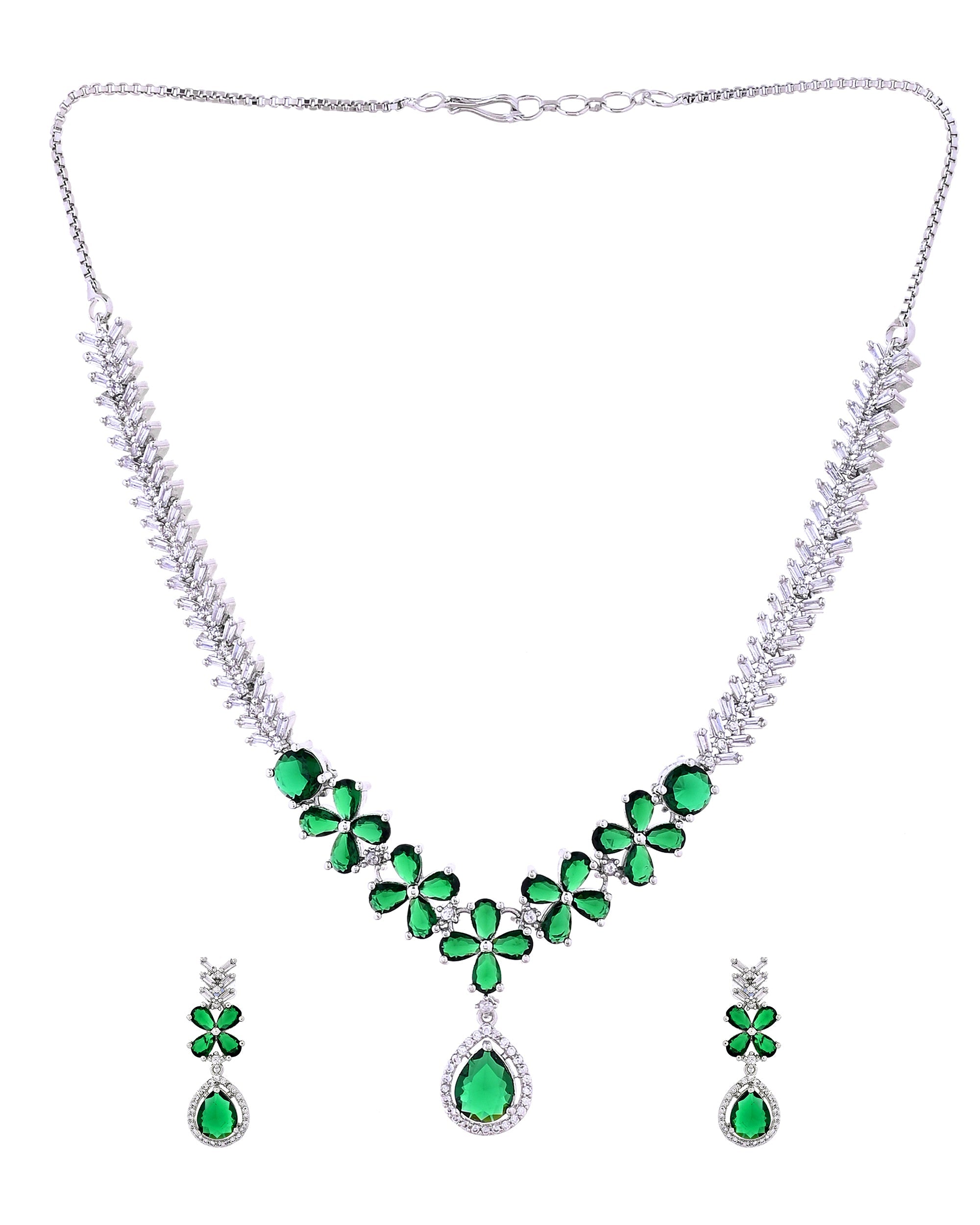 VOJ Silver Plated Green Floral Ad Jewellery Set | Grocsy