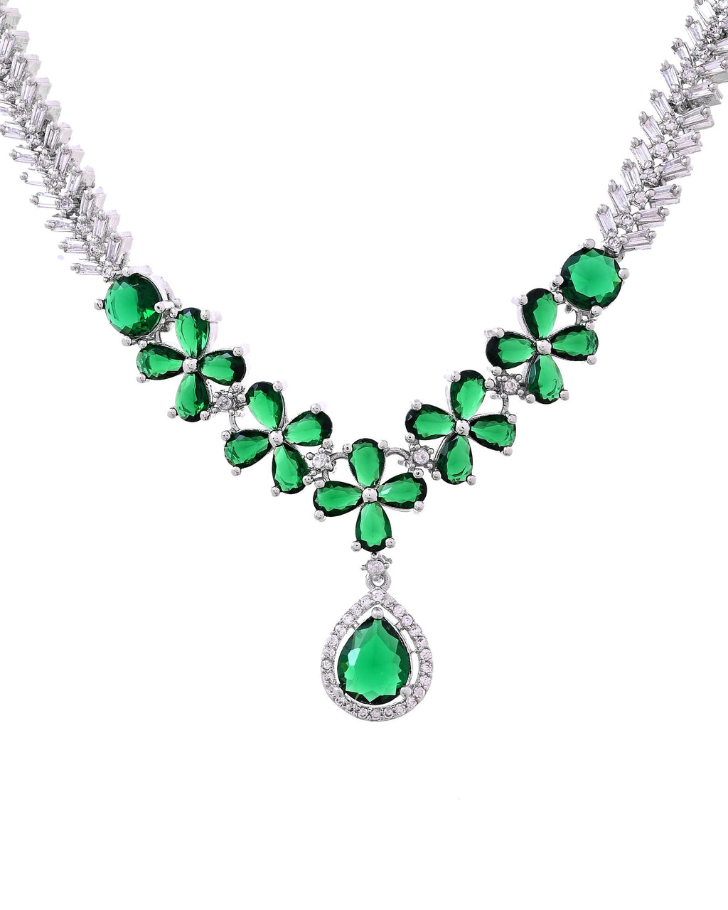 VOJ Silver Plated Green Floral Ad Jewellery Set | Grocsy