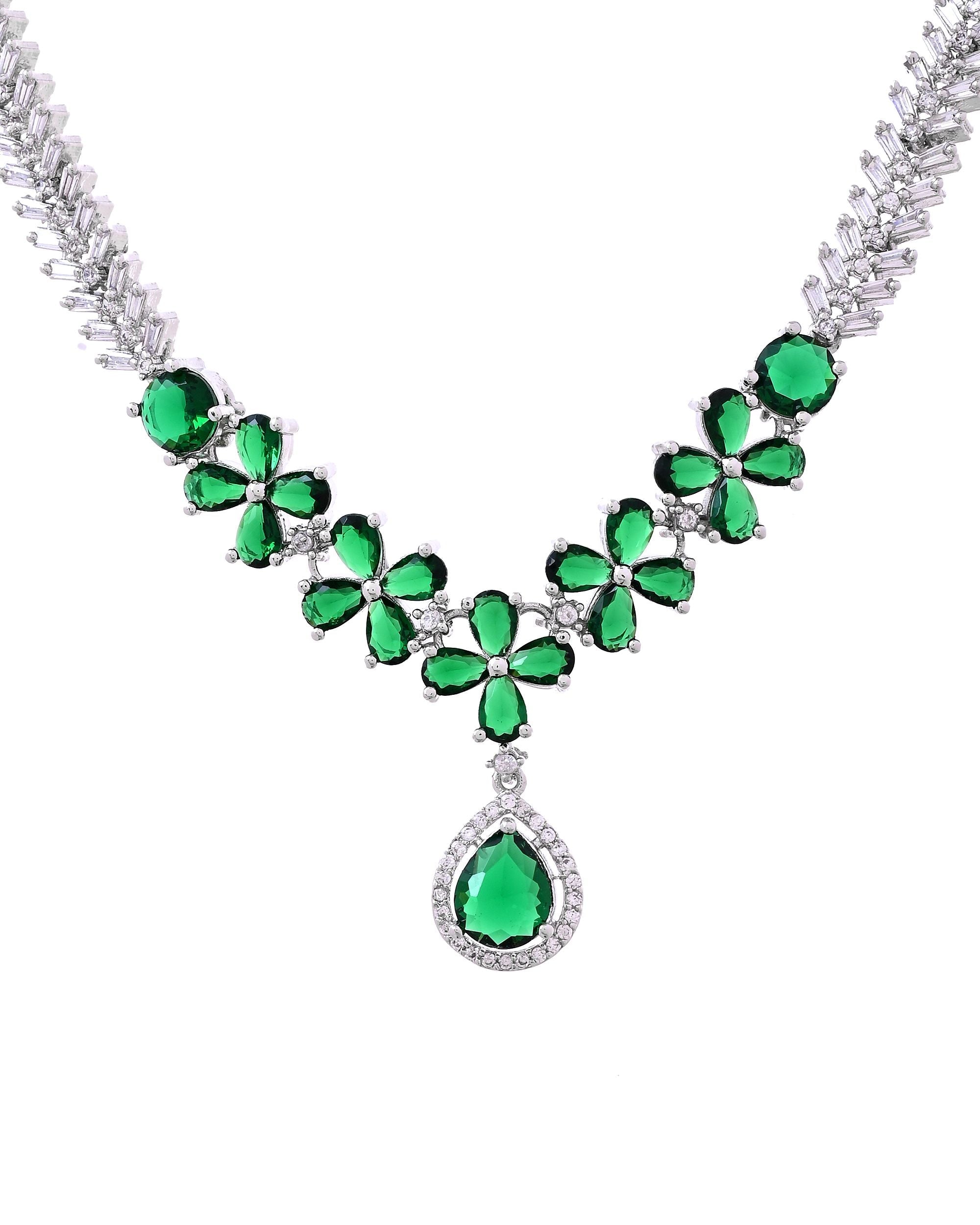 VOJ Silver Plated Green Floral Ad Jewellery Set | Grocsy
