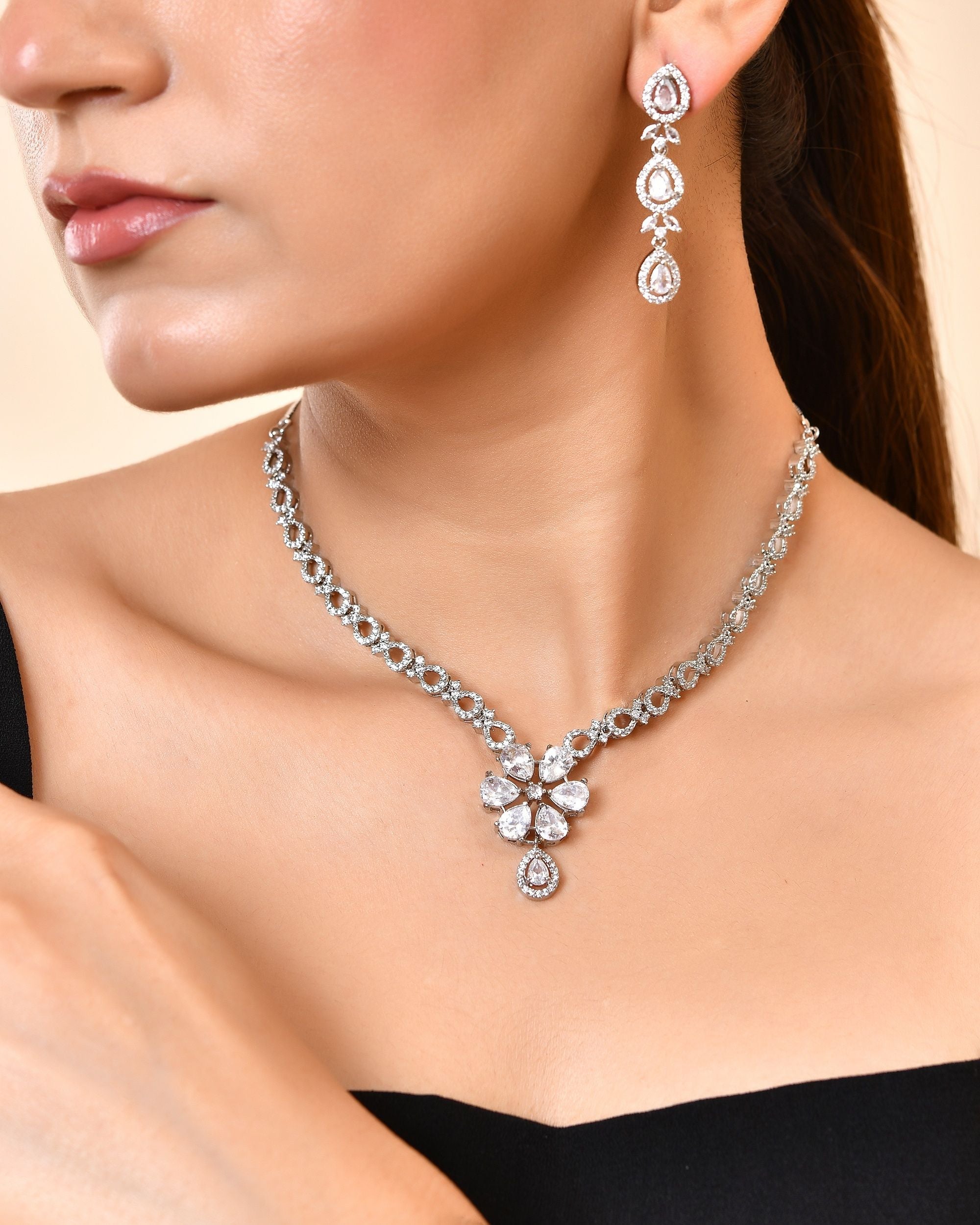 VOJ Silver Plated Ad Stone Studded Floral Jewellery Set | Grocsy