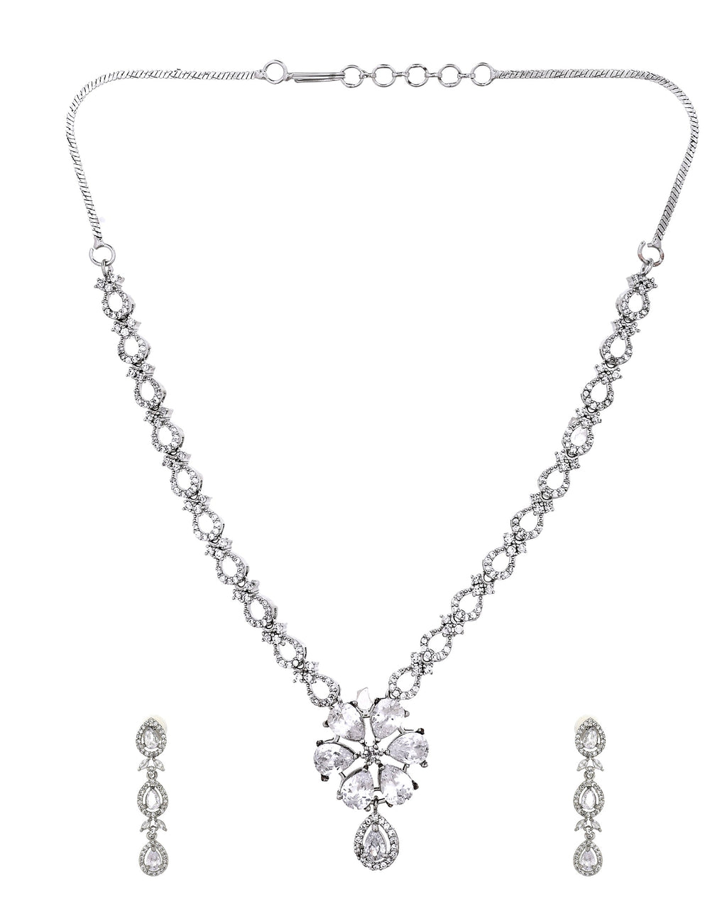 VOJ Silver Plated Ad Stone Studded Floral Jewellery Set | Grocsy