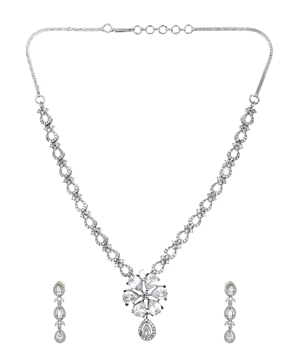 VOJ Silver Plated Ad Stone Studded Floral Jewellery Set | Grocsy