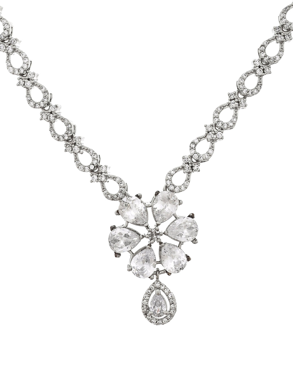 VOJ Silver Plated Ad Stone Studded Floral Jewellery Set | Grocsy