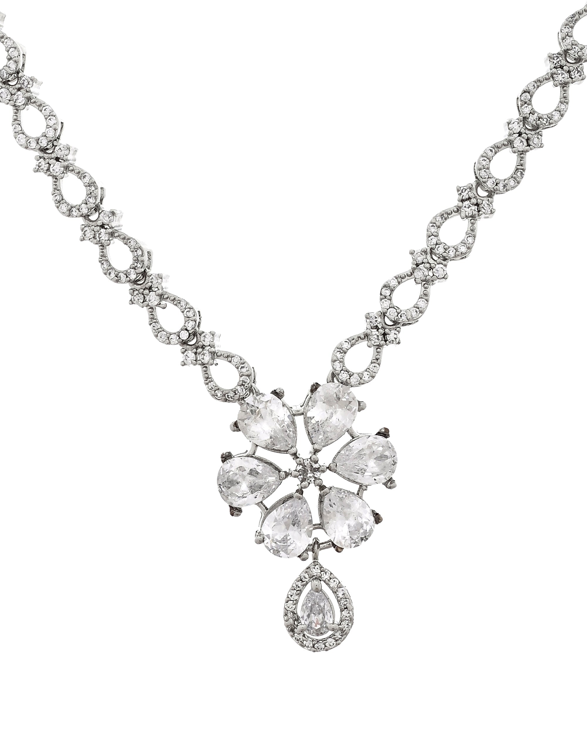VOJ Silver Plated Ad Stone Studded Floral Jewellery Set | Grocsy