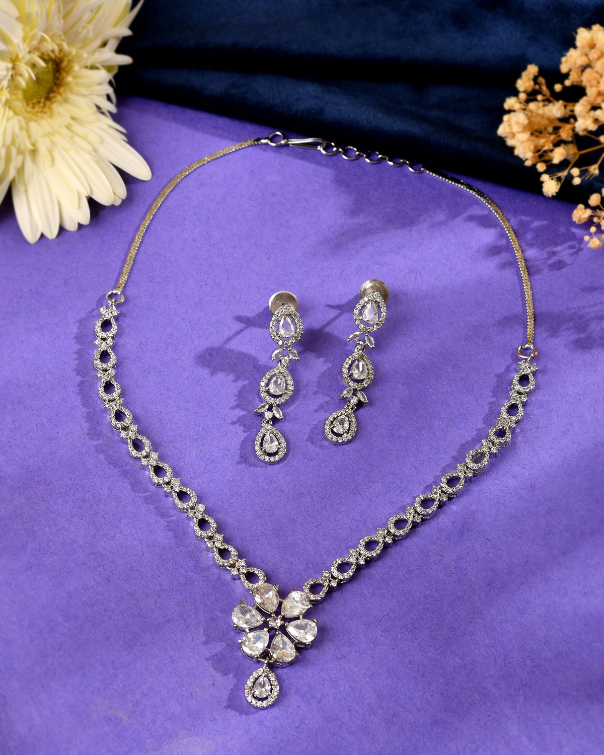 VOJ Silver Plated Ad Stone Studded Floral Jewellery Set | Grocsy