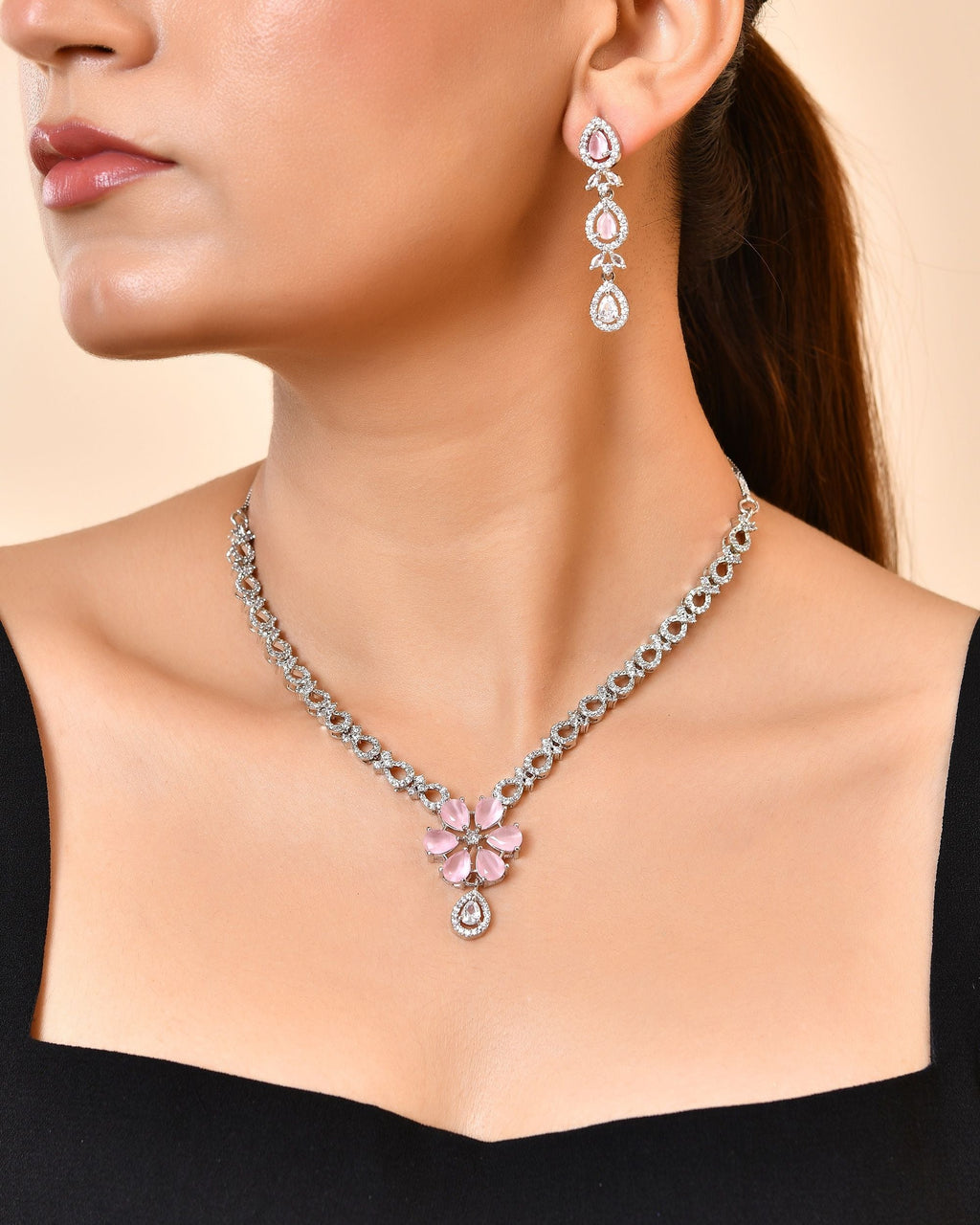 VOJ Silver Plated Ad Stone With Baby Pink Floral Jewellery Set | Grocsy