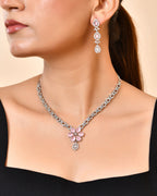 VOJ Silver Plated Ad Stone With Baby Pink Floral Jewellery Set | Grocsy