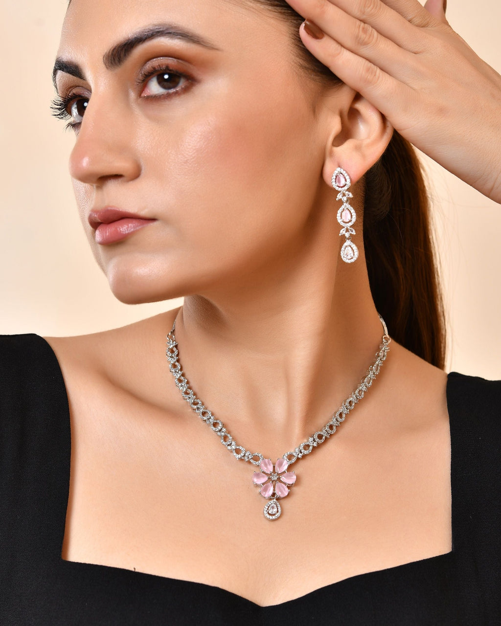 VOJ Silver Plated Ad Stone With Baby Pink Floral Jewellery Set | Grocsy