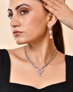 VOJ Silver Plated Ad Stone With Baby Pink Floral Jewellery Set | Grocsy