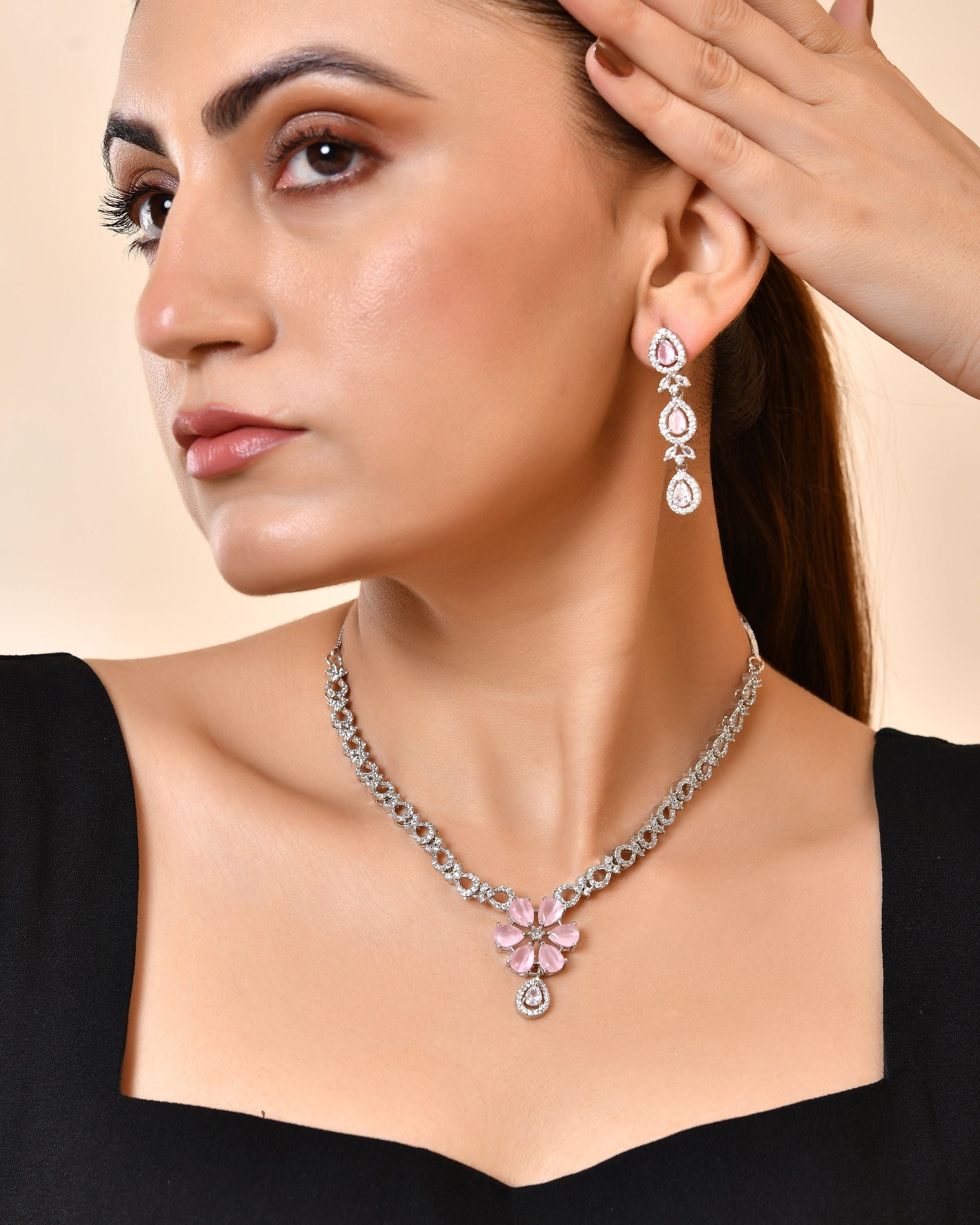VOJ Silver Plated Ad Stone With Baby Pink Floral Jewellery Set | Grocsy