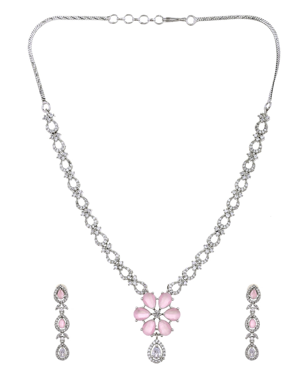 VOJ Silver Plated Ad Stone With Baby Pink Floral Jewellery Set | Grocsy