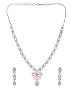 VOJ Silver Plated Ad Stone With Baby Pink Floral Jewellery Set | Grocsy