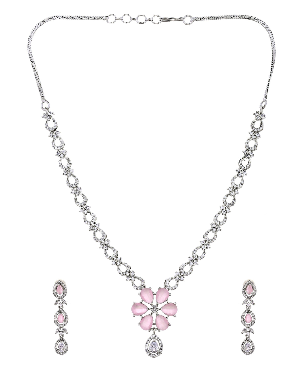 VOJ Silver Plated Ad Stone With Baby Pink Floral Jewellery Set | Grocsy