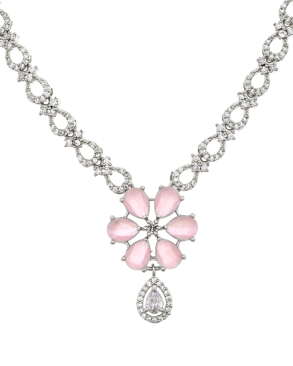 VOJ Silver Plated Ad Stone With Baby Pink Floral Jewellery Set | Grocsy