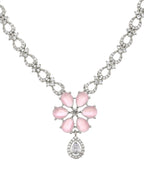 VOJ Silver Plated Ad Stone With Baby Pink Floral Jewellery Set | Grocsy