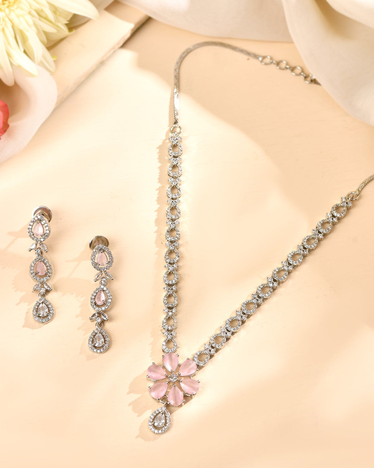 VOJ Silver Plated Ad Stone With Baby Pink Floral Jewellery Set | Grocsy