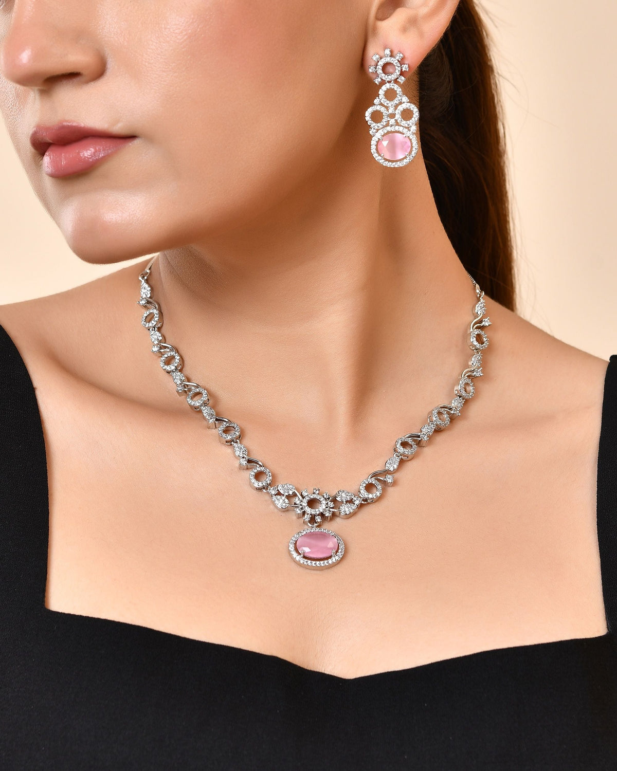 VOJ Silver Plated Designer Oval Stone Ad Necklace Set | Grocsy