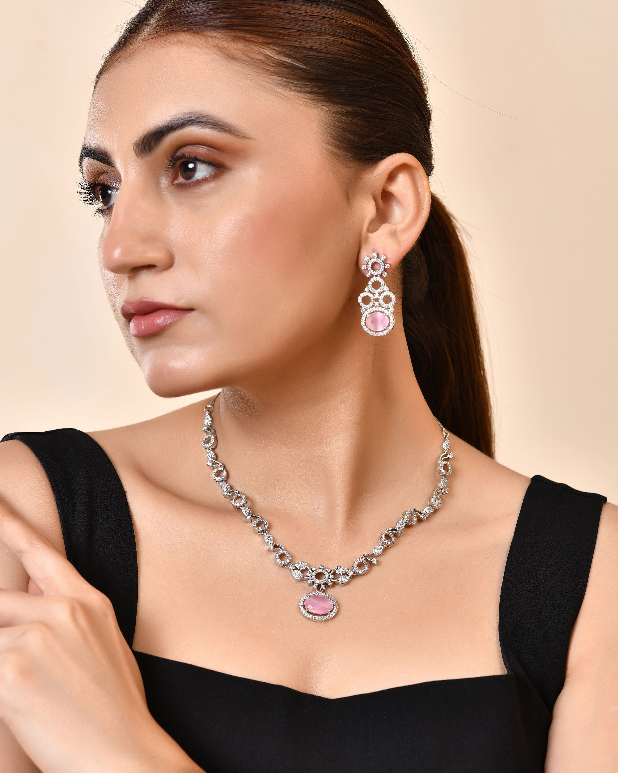 VOJ Silver Plated Designer Oval Stone Ad Necklace Set | Grocsy