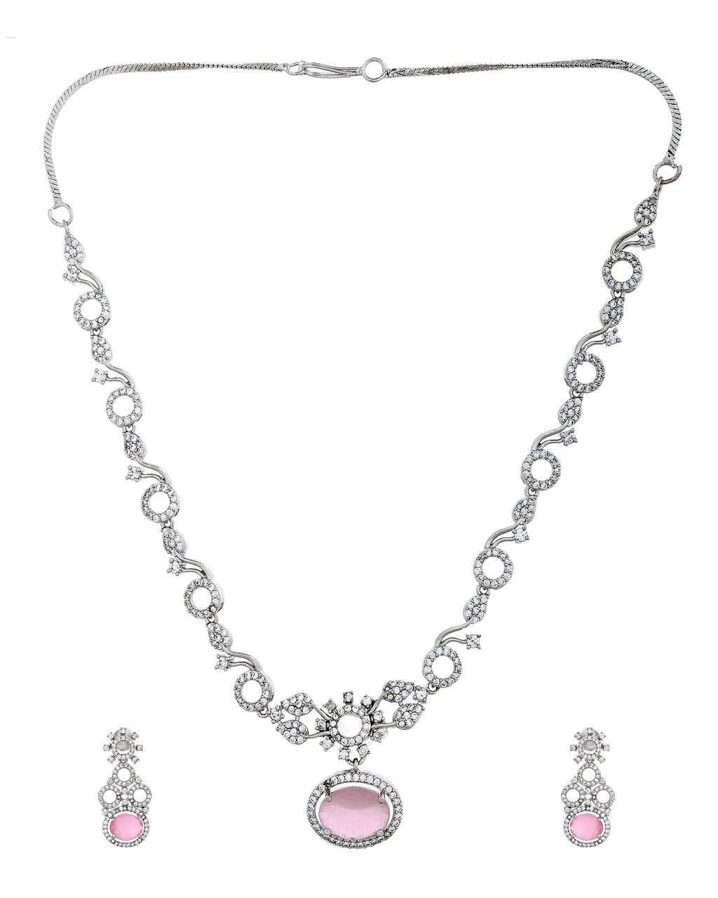 VOJ Silver Plated Designer Oval Stone Ad Necklace Set | Grocsy