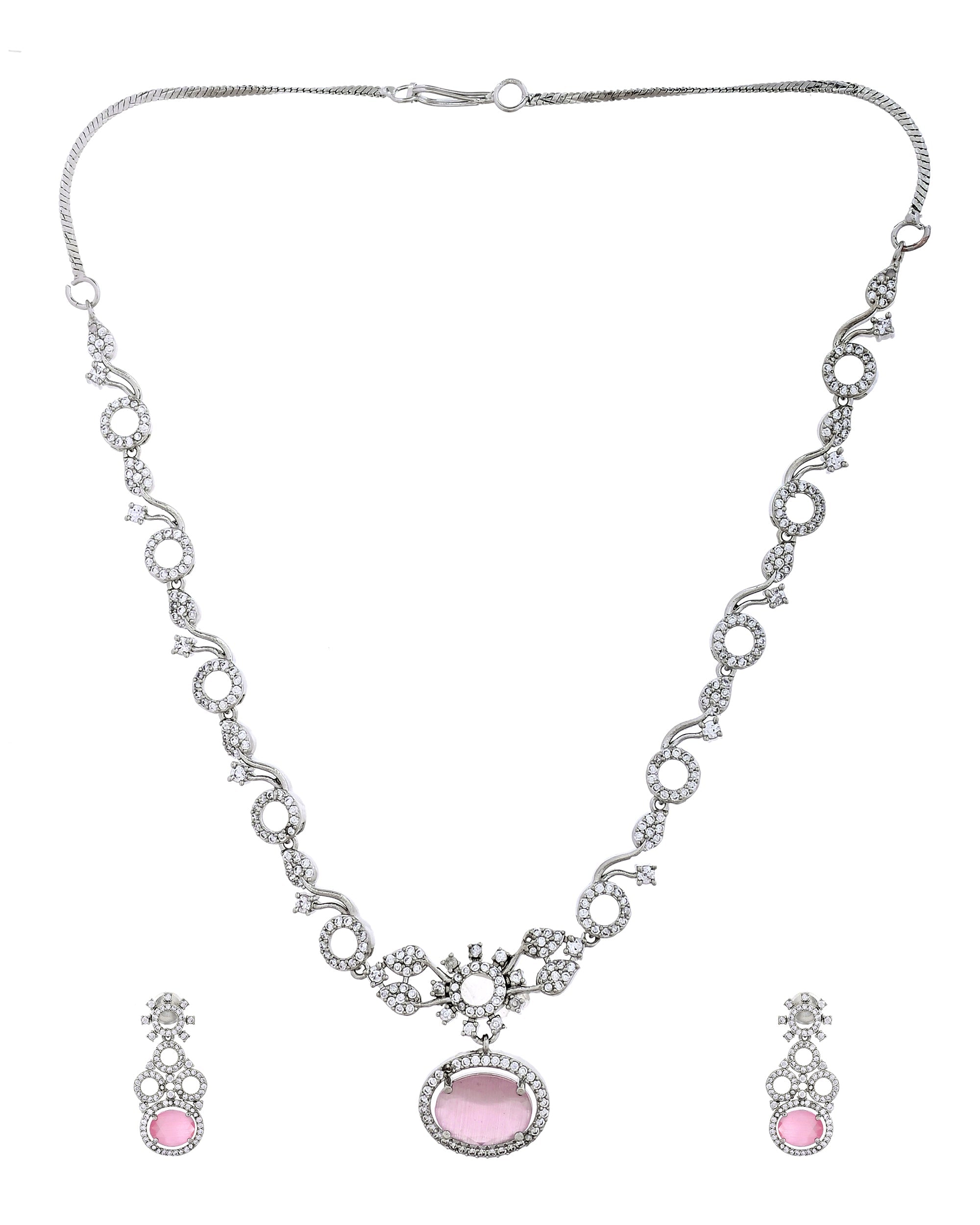 VOJ Silver Plated Designer Oval Stone Ad Necklace Set | Grocsy