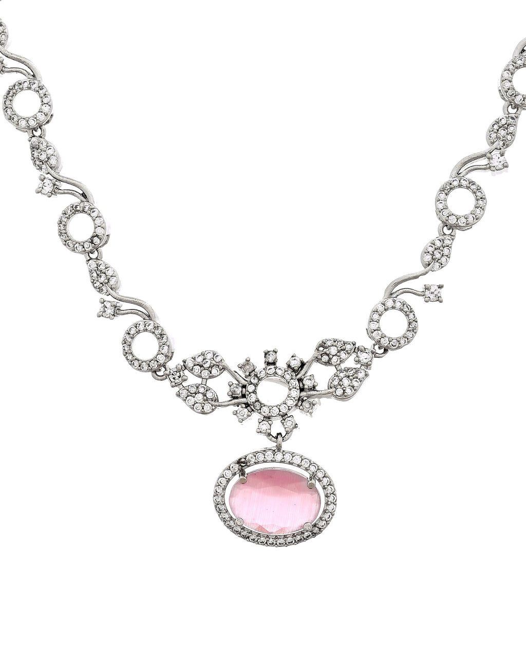 VOJ Silver Plated Designer Oval Stone Ad Necklace Set | Grocsy