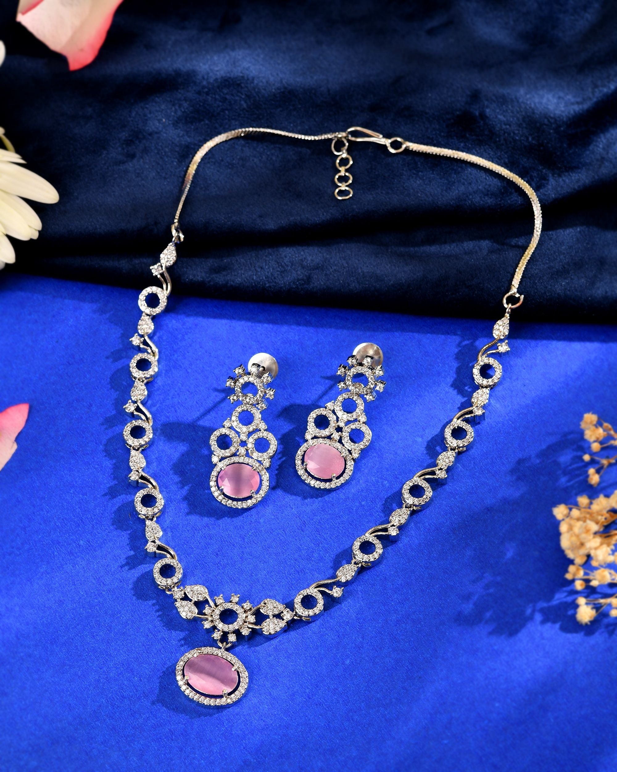 VOJ Silver Plated Designer Oval Stone Ad Necklace Set | Grocsy