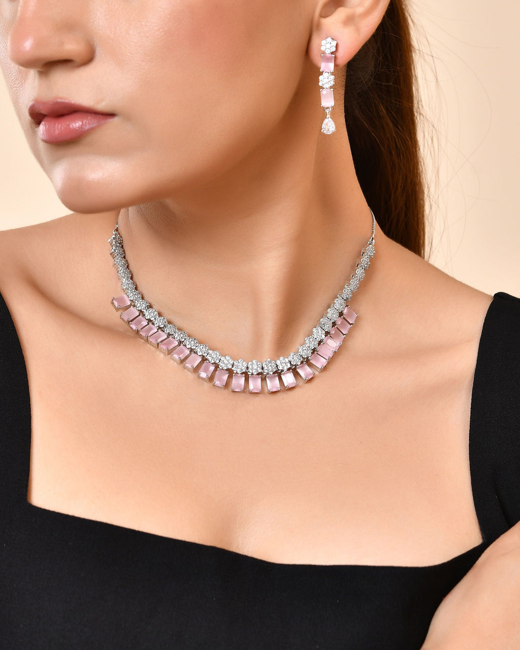 VOJ Silver Plated Baby Pink Rectangular Stone Ad Necklace Set | Grocsy