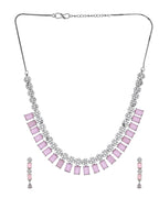 VOJ Silver Plated Baby Pink Rectangular Stone Ad Necklace Set | Grocsy