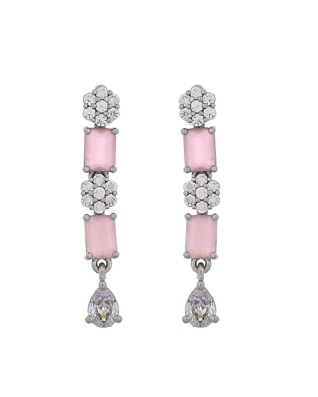 VOJ Silver Plated Baby Pink Rectangular Stone Ad Necklace Set | Grocsy
