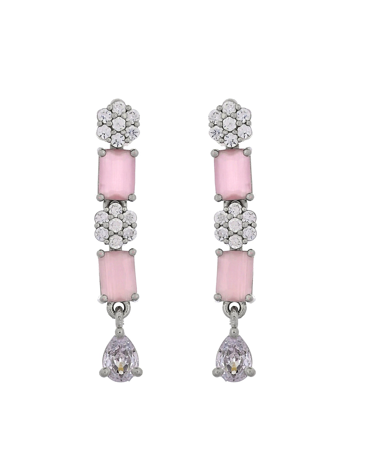 VOJ Silver Plated Baby Pink Rectangular Stone Ad Necklace Set | Grocsy